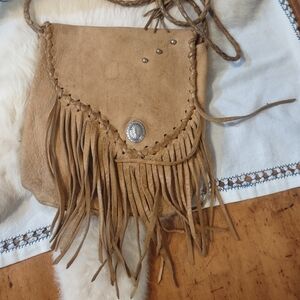 Tan Fringe Country Western Boho Leather Crossbody Bag With Initial "S"